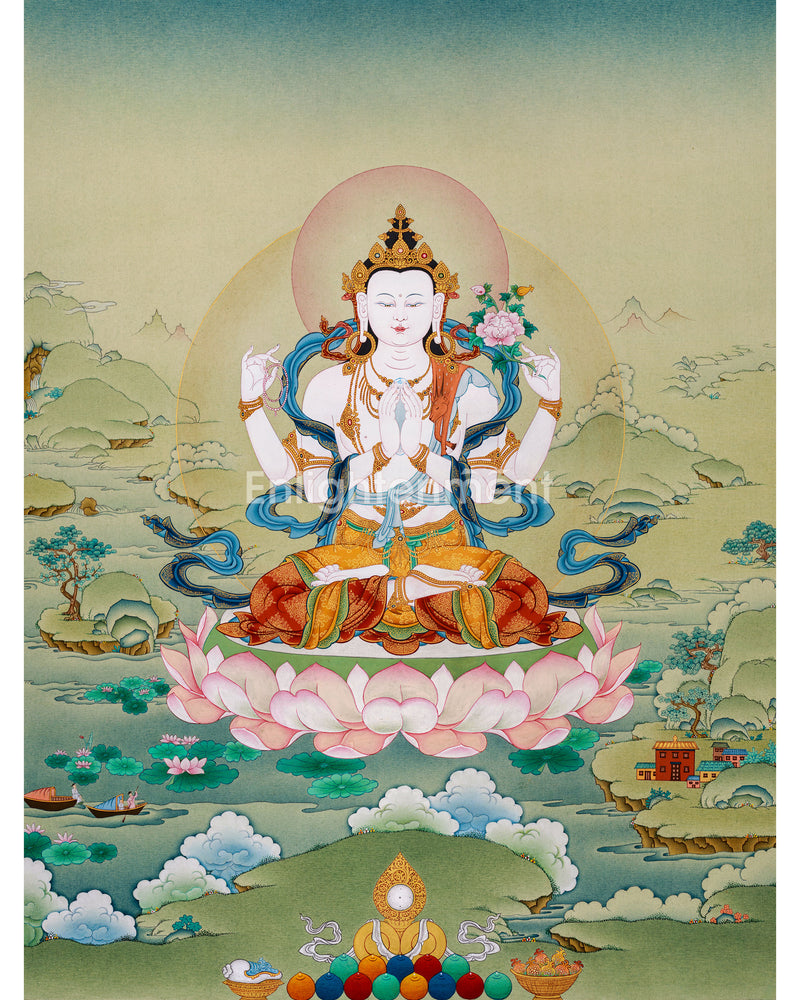 Compassion Buddha Avalokiteshvara Thangka| Authentic Stone Colors from Lhasa, Tibet