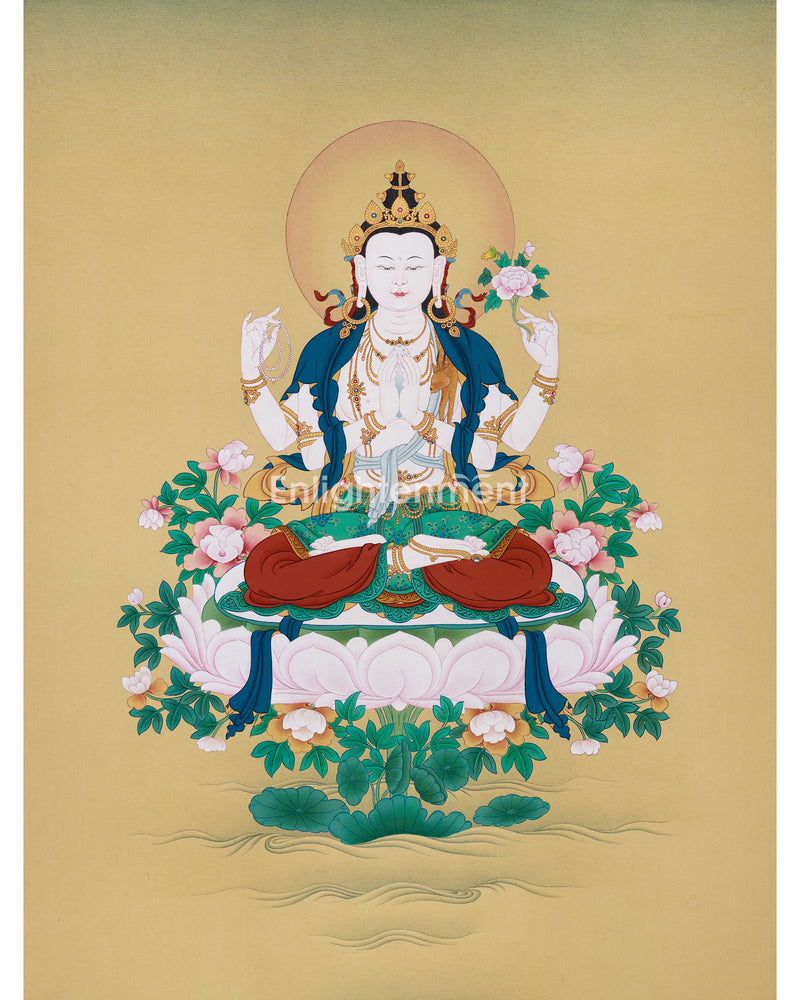 Om Mani Padme Hum Avalokiteshvara Thangka | Traditional Tibetan Depiction of Compassion