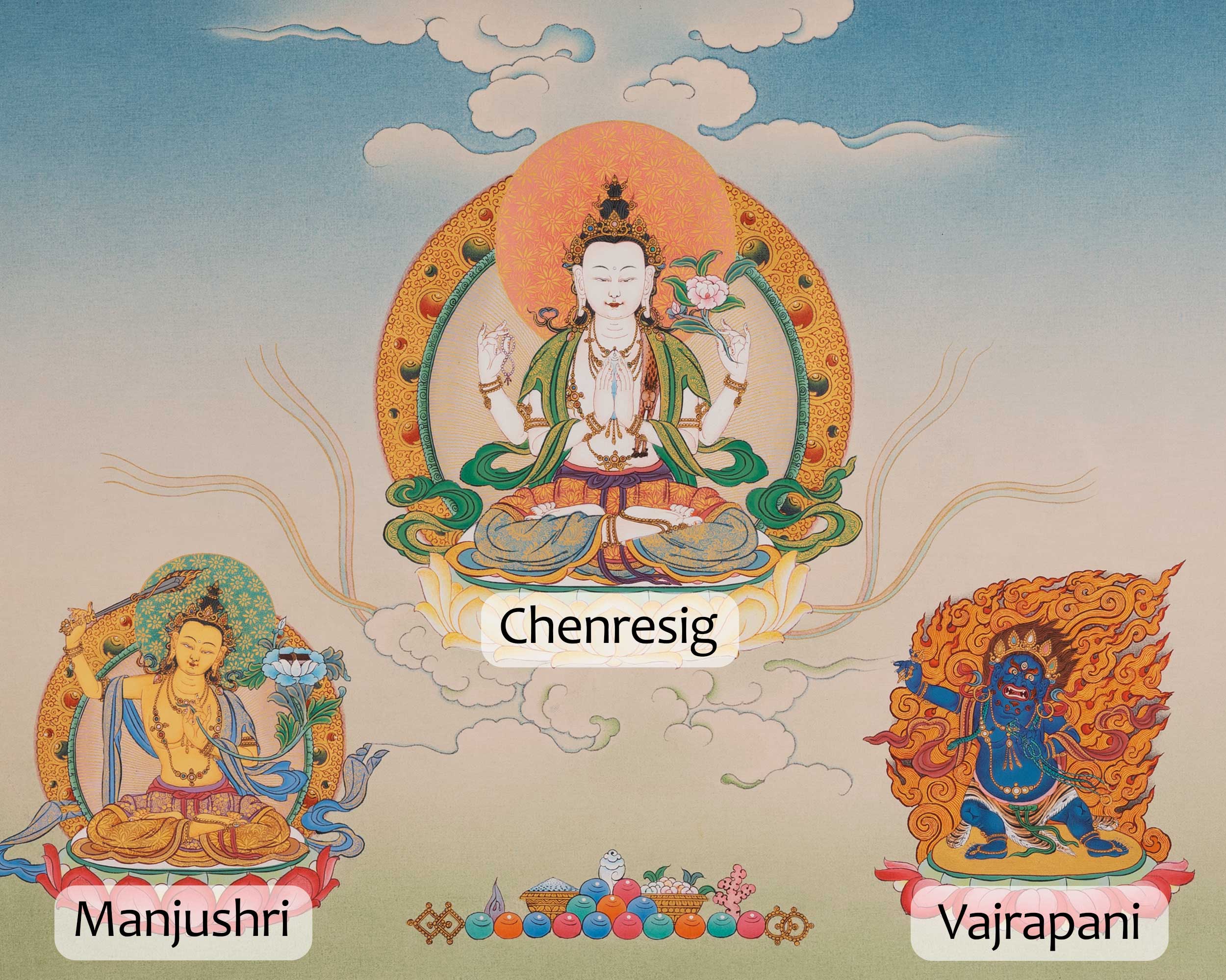 Traditional Chenrezig Empowerment Thangka | Chenrezig With Manjushri And Vajrapani Art