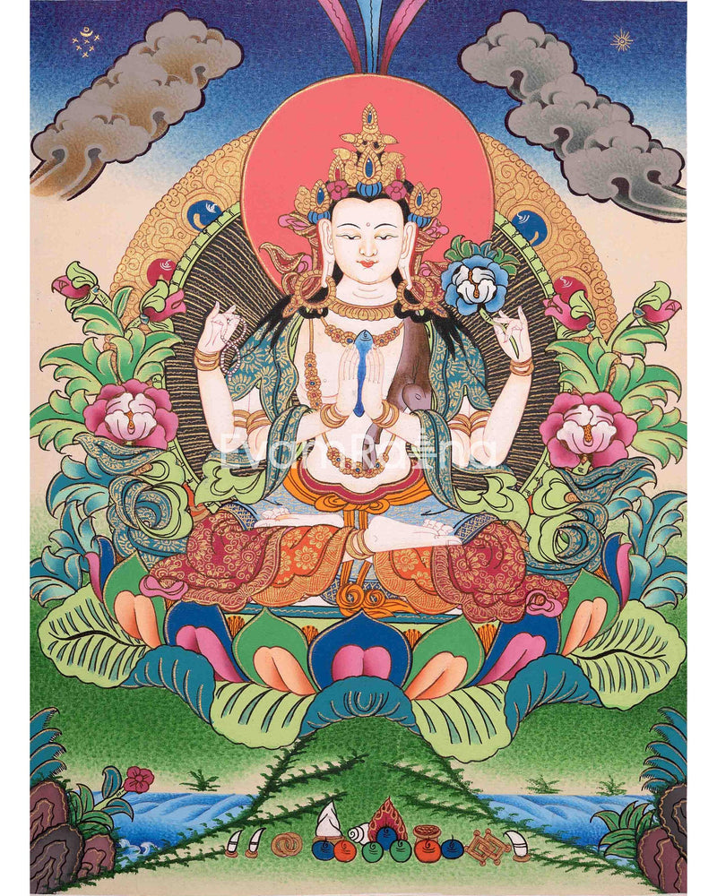 Original Hand-Painted Shakyamuni Buddha & Chenrezig Canvas Art | Thangka Painting