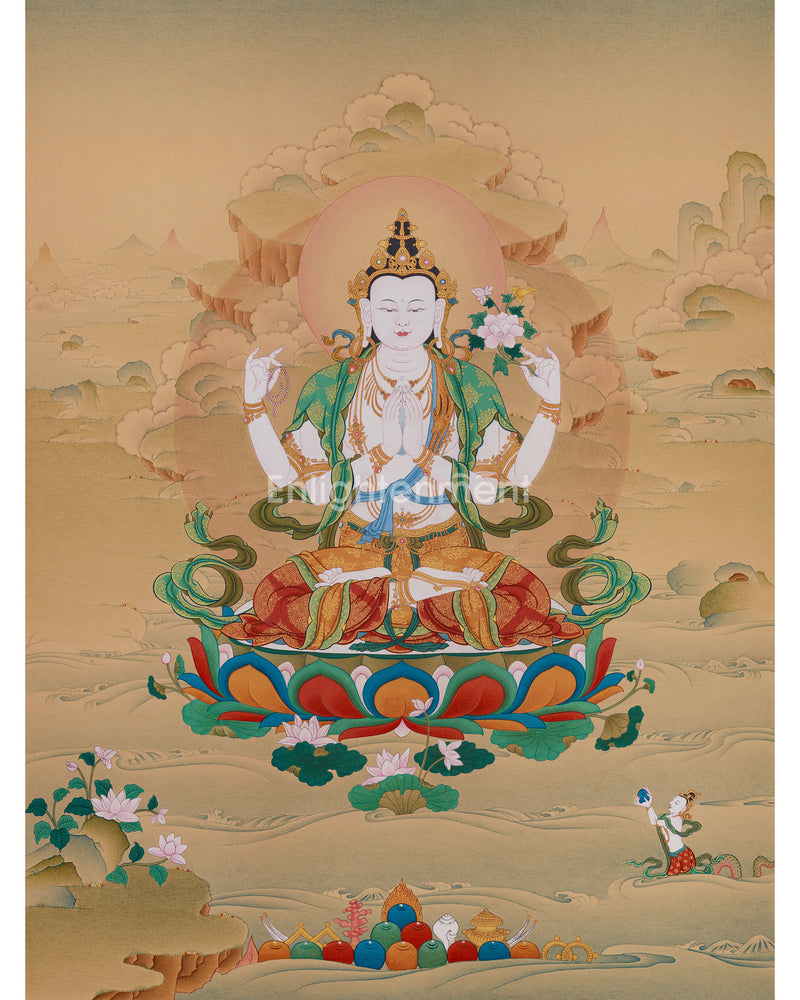 Sumptuous Compassionate Buddha Thangka - Four-Armed Chenresig with Lhasa Stone Enrichment