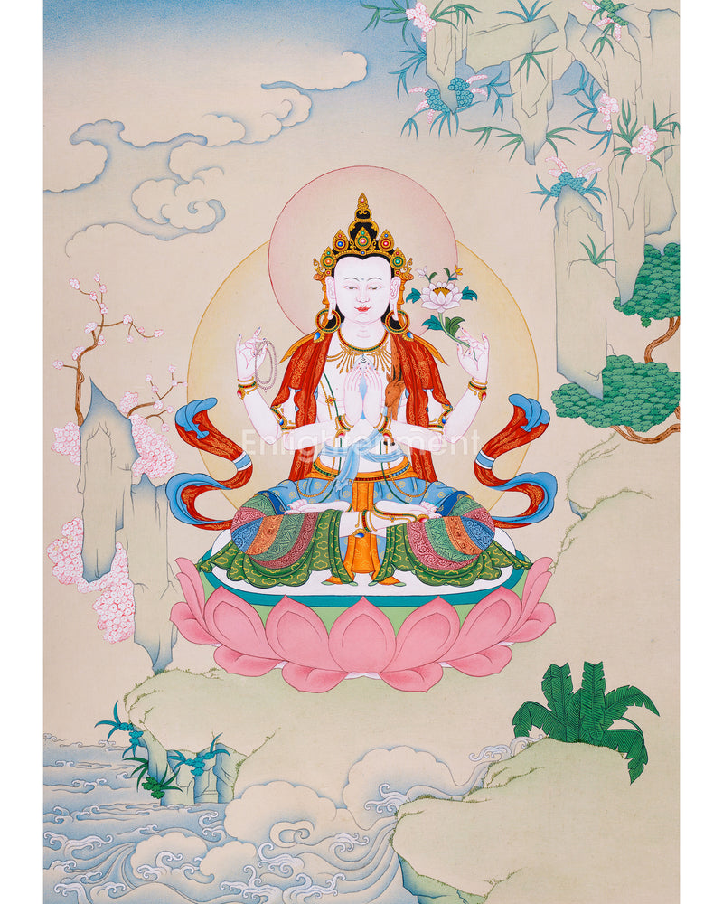 Hand-painted Four-Armed Chenrezig Thangka | Avalokiteshvara Bodhisattva Art