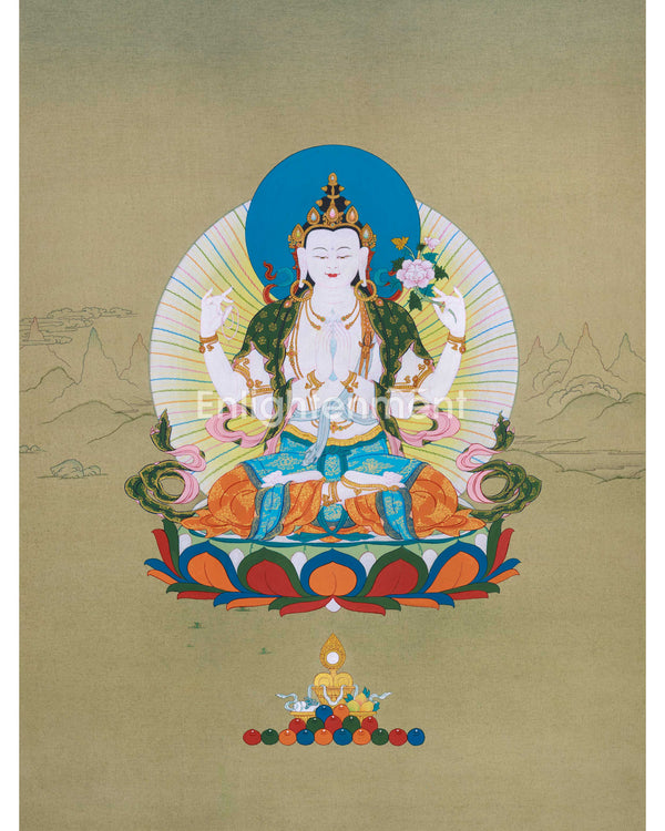 4 Armed Chenresig Thangka, Karma Gadri Art