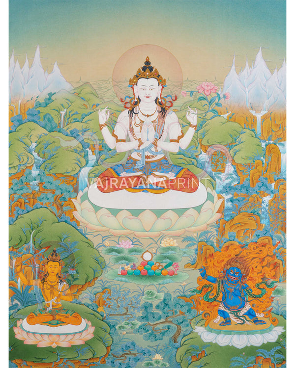 Four-Armed Chenresig Thangka Print for Divine Wisdom