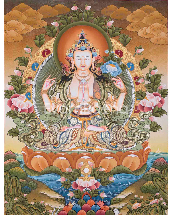 4 Armed Chengrezig Thangka Painting