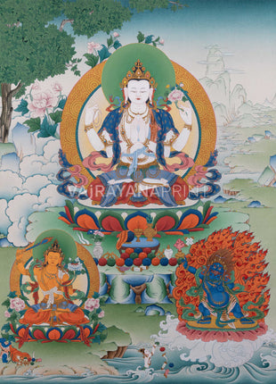 Triad of Compassion-Wisdom-Power: Chenresig, Manjushri, and Vajrapani Thangka Print