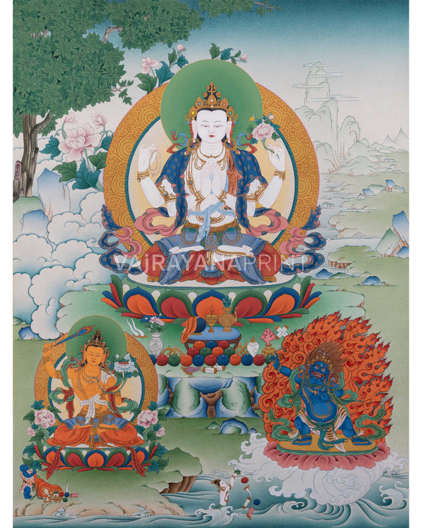 Triad of Compassion-Wisdom-Power: Chenresig, Manjushri, and Vajrapani Thangka Print