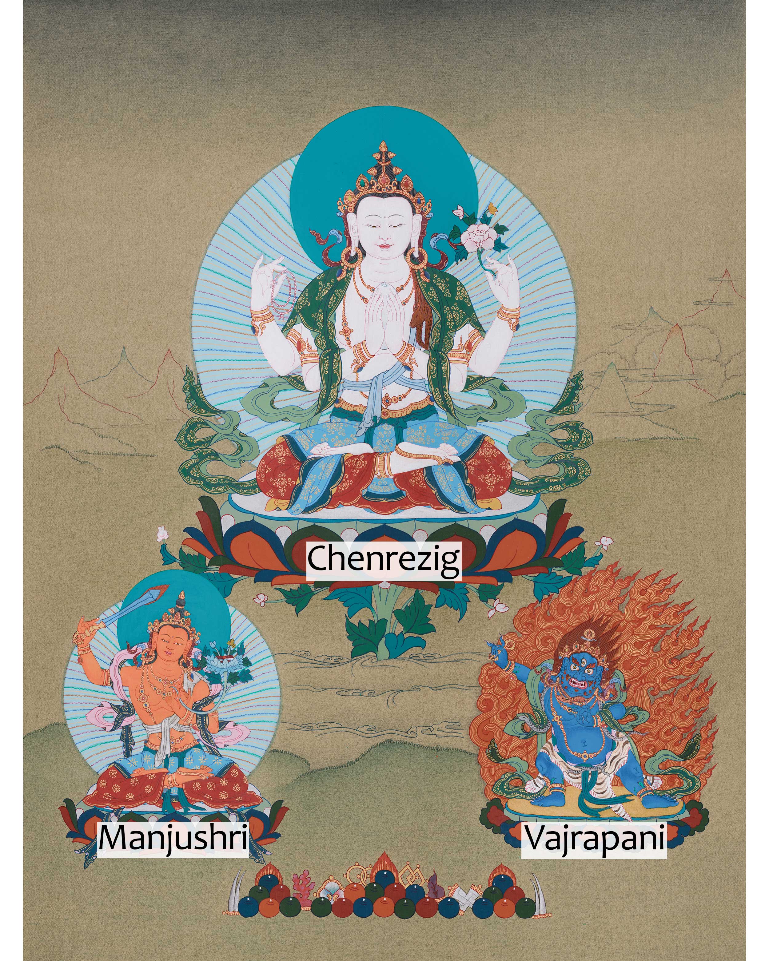 Tibetan Compassion Deity, Chenrezig | Four-Armed Avalokiteshvara Thangka