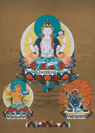 Traditional Thangka of Chenrezig | Featuring Manjushri and Vajrapani