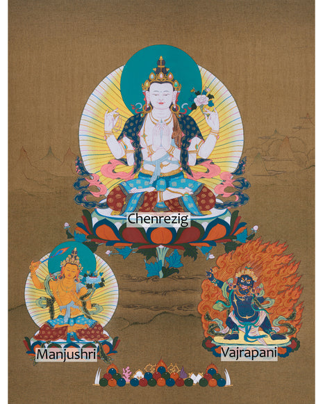 Traditional Thangka of Chenrezig | Featuring Manjushri and Vajrapani