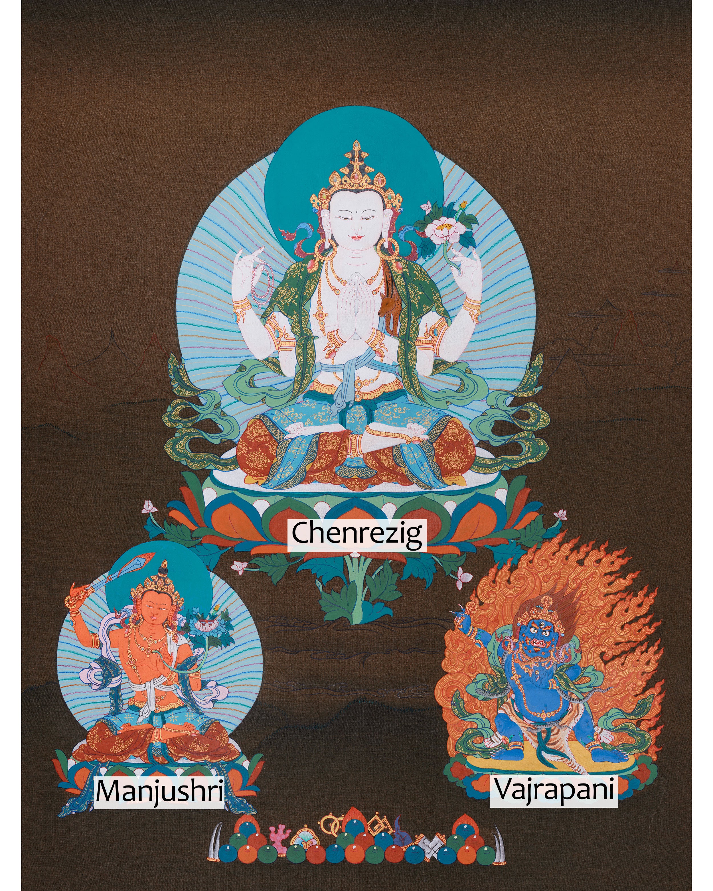 Three Tibetan Bodhisattvas: Chenrezig, Manjushri, and Vajrapani | Buddhist Altar