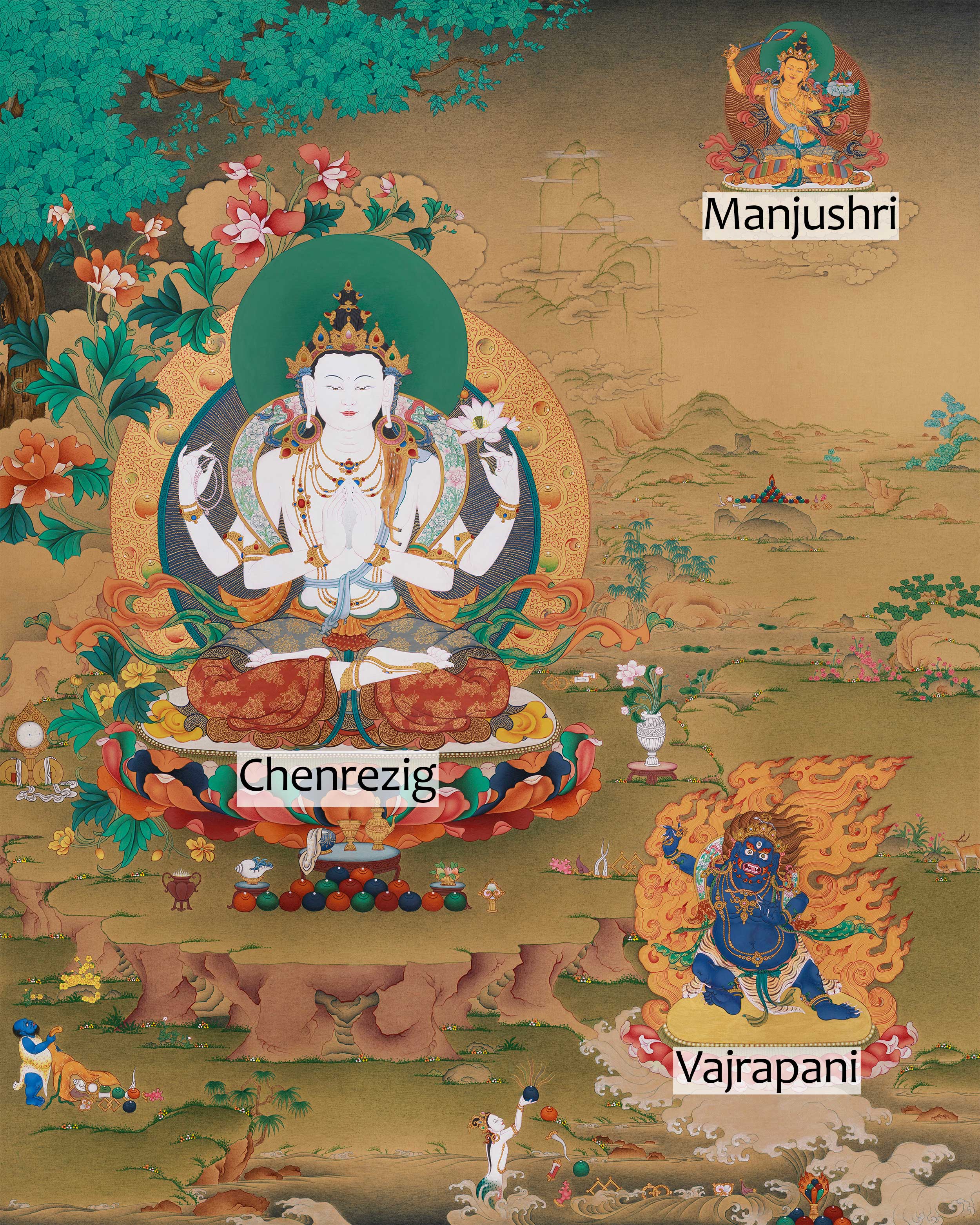 Grand 30x40 Inch Buddhist Thangka of Chenrezig, Manjushri, and Vajrapani | Symbol of Enlightened Trinity