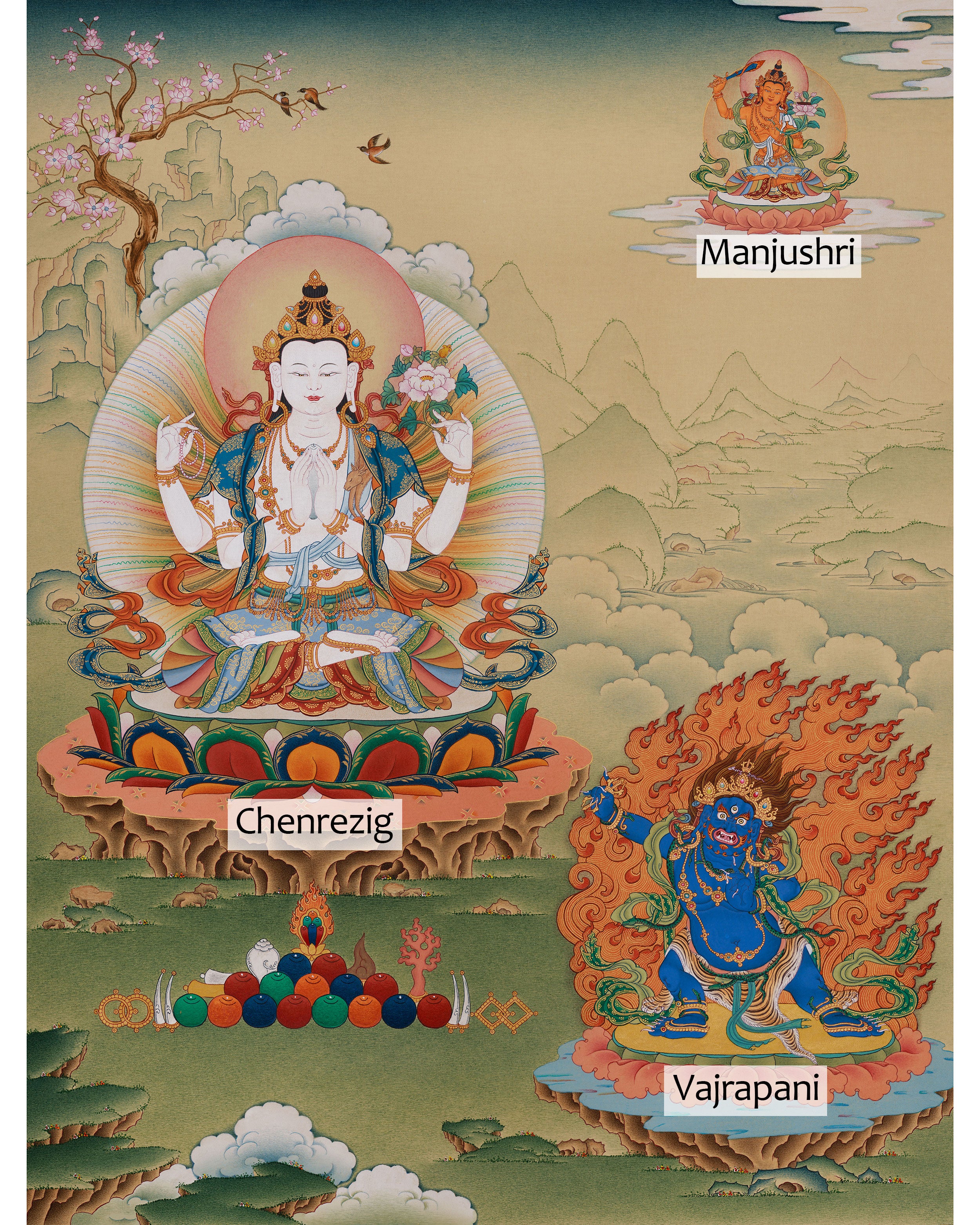 Tibetan Compassion Deity, Chenrezig | Divine Trio: Avalokiteshvara, Manjushri, and Vajrapani