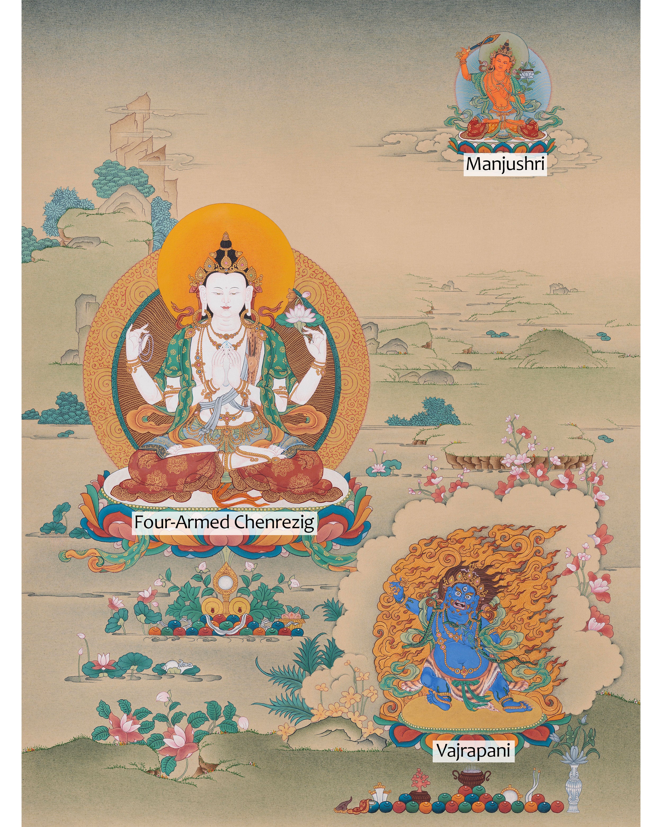 Trio Bodhisattva: Chenrezig, Manjushri, and Vajrapani | Compassion, Wisdom, and Power