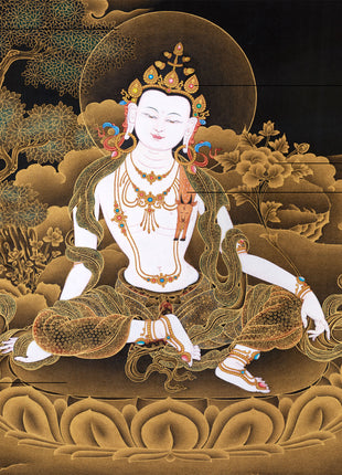 Side Chenrezig Thangka | Gold on Black Buddhist Art