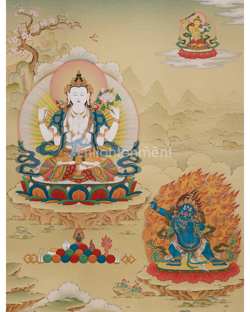 Avalokiteshvara Thangka with Manjushri & Vajrapani: Authentic stone Colors from Tibet