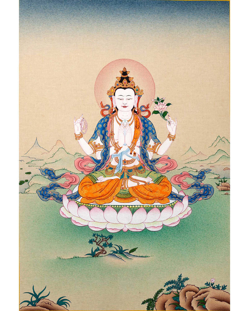 Four Arm Chenrezig Avalokiteshvara Thangka | Bodhisattva Painting