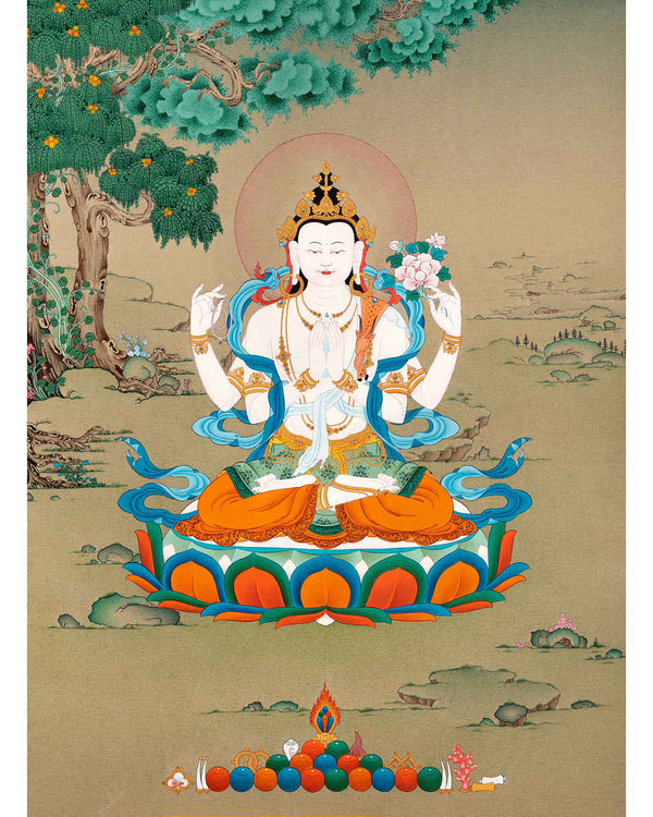 Small Avalokiteshvara Thangka | Traditionally Hand Painted 24K Gold Buddhist Painting