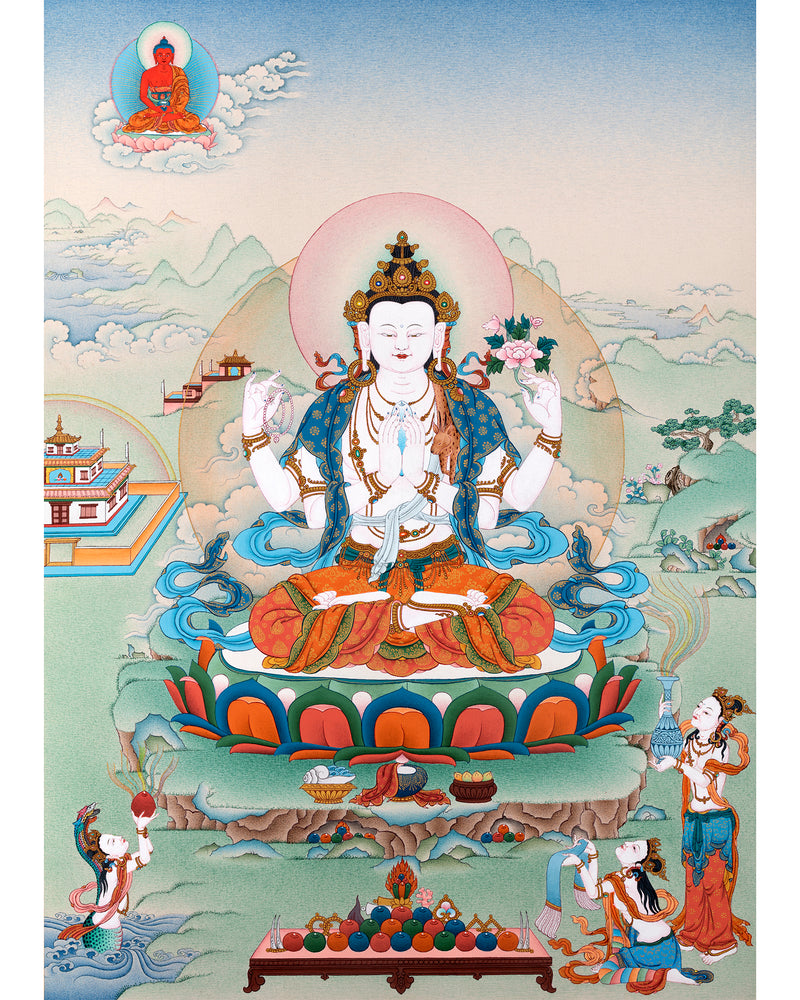 Avalokiteshvara- Chenrezig Bodhisattva Thangka, Tibetan Vajrayana Buddhist Painting