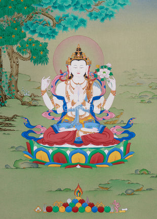 Tibetan Four-Armed Guanyin Bodhisattva Thangka | Compassion and Wisdom