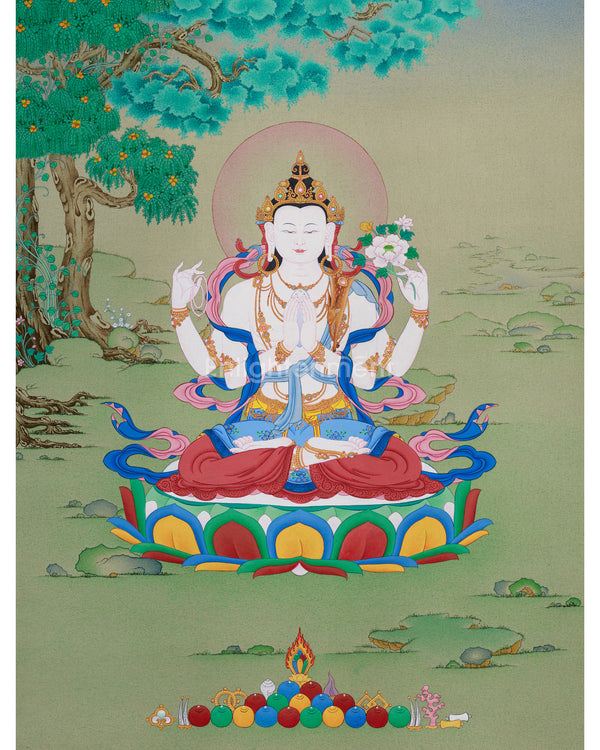 Tibetan Four-Armed Guanyin Bodhisattva Thangka | Compassion and Wisdom