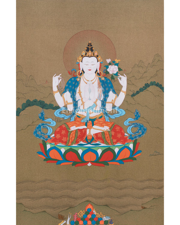 Compassion Buddha Thangka | Four-Armed Chenresig | Tibetan Spiritual Art