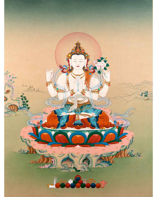 Four Armed Chenrezig Thangka | Traditional Bodhisattva Art