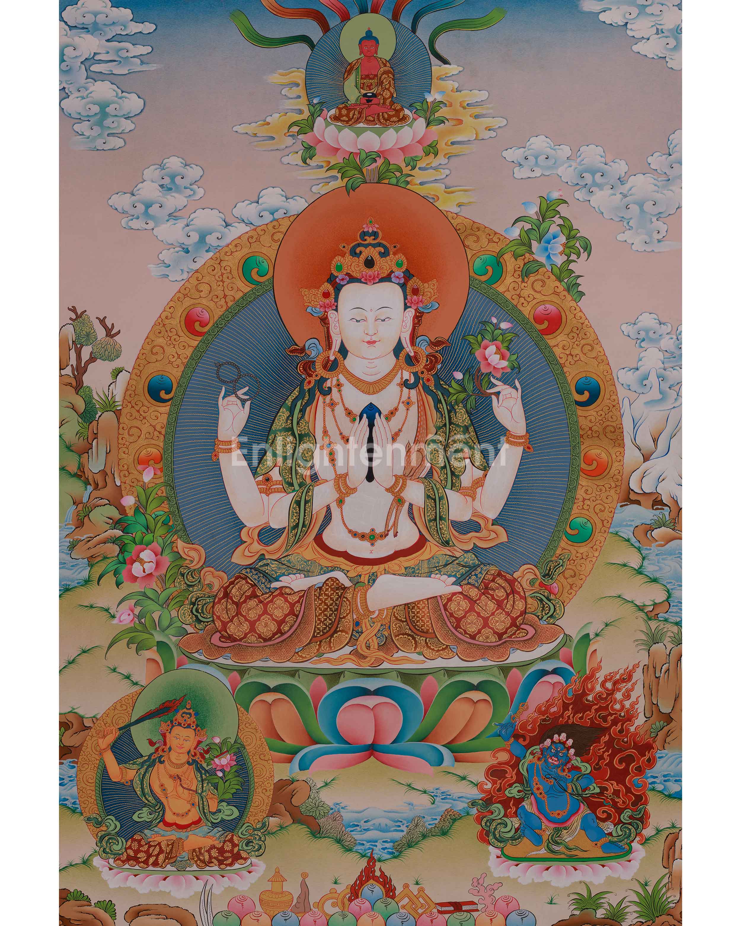 Chenrezig with Amitabha, Manjushri, and Vajrapani Thangka