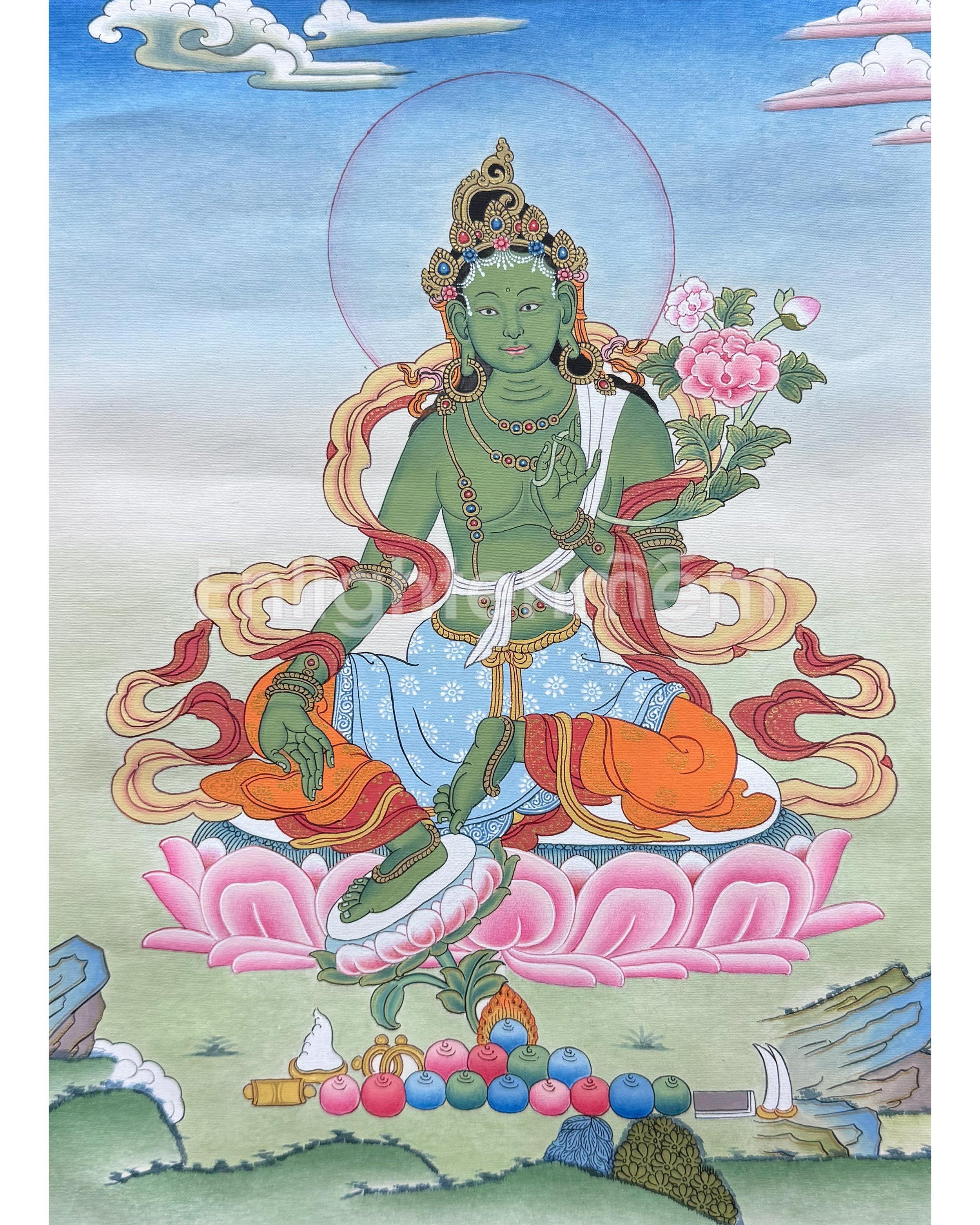 Divine Green Tara Thangka With Brocade 