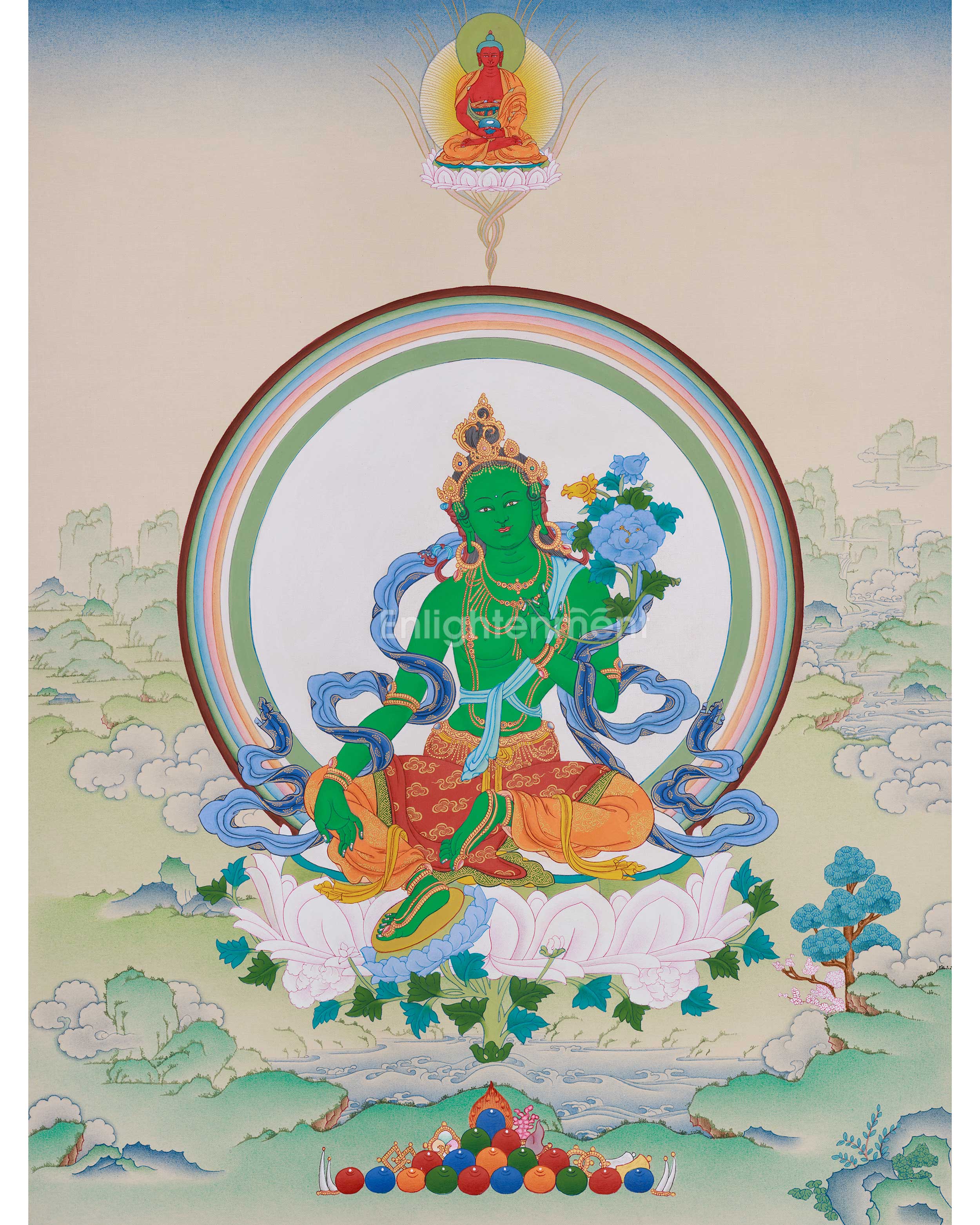 Divine Thangka of Green Tara with Amitabha