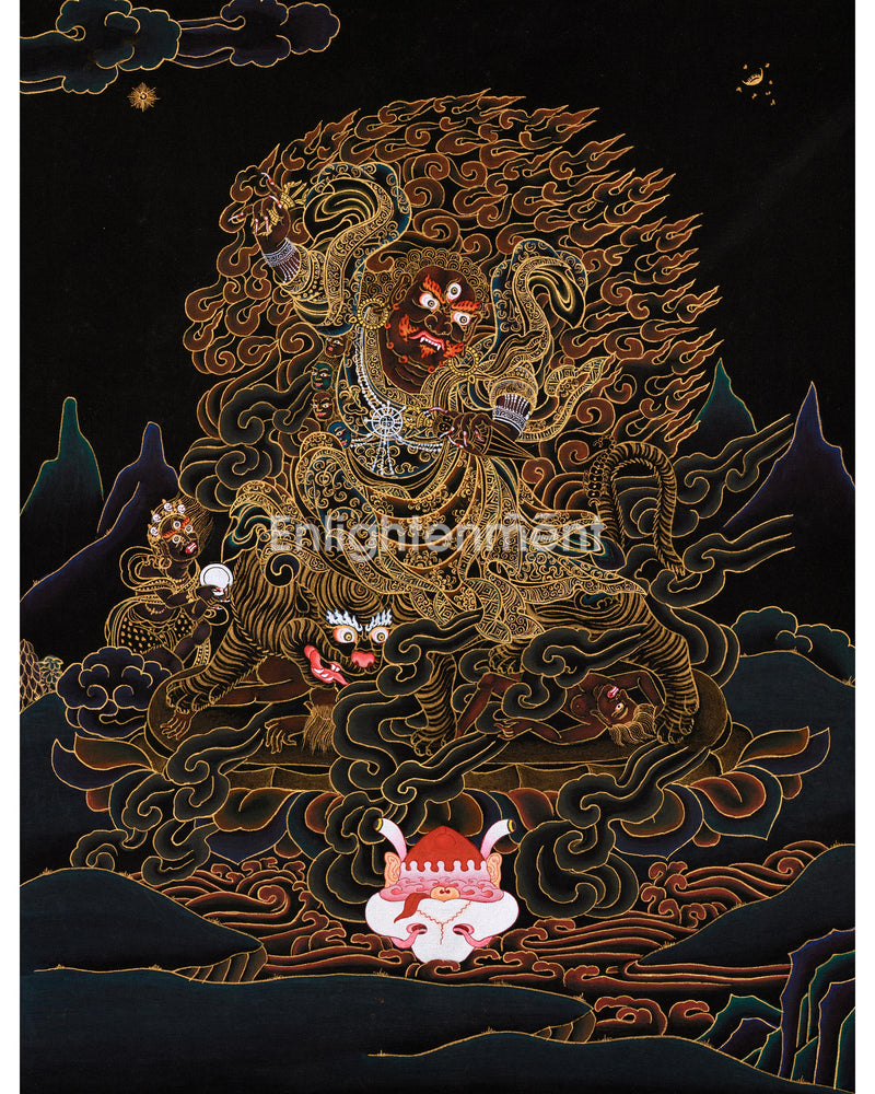 Hand-Painted Gold Thangka of Dorje Drollo | Tibetan Wrathful Buddha