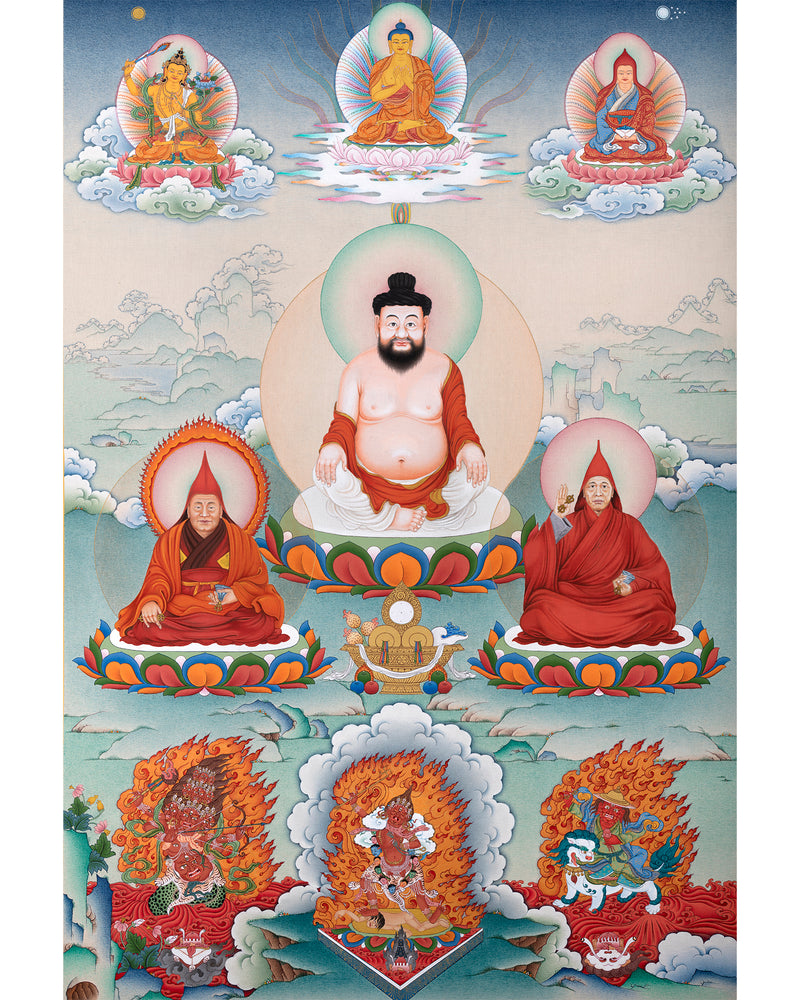 Rare Tibetan Thangka of Drupchen Jho Rigdzin with Lineage Masters