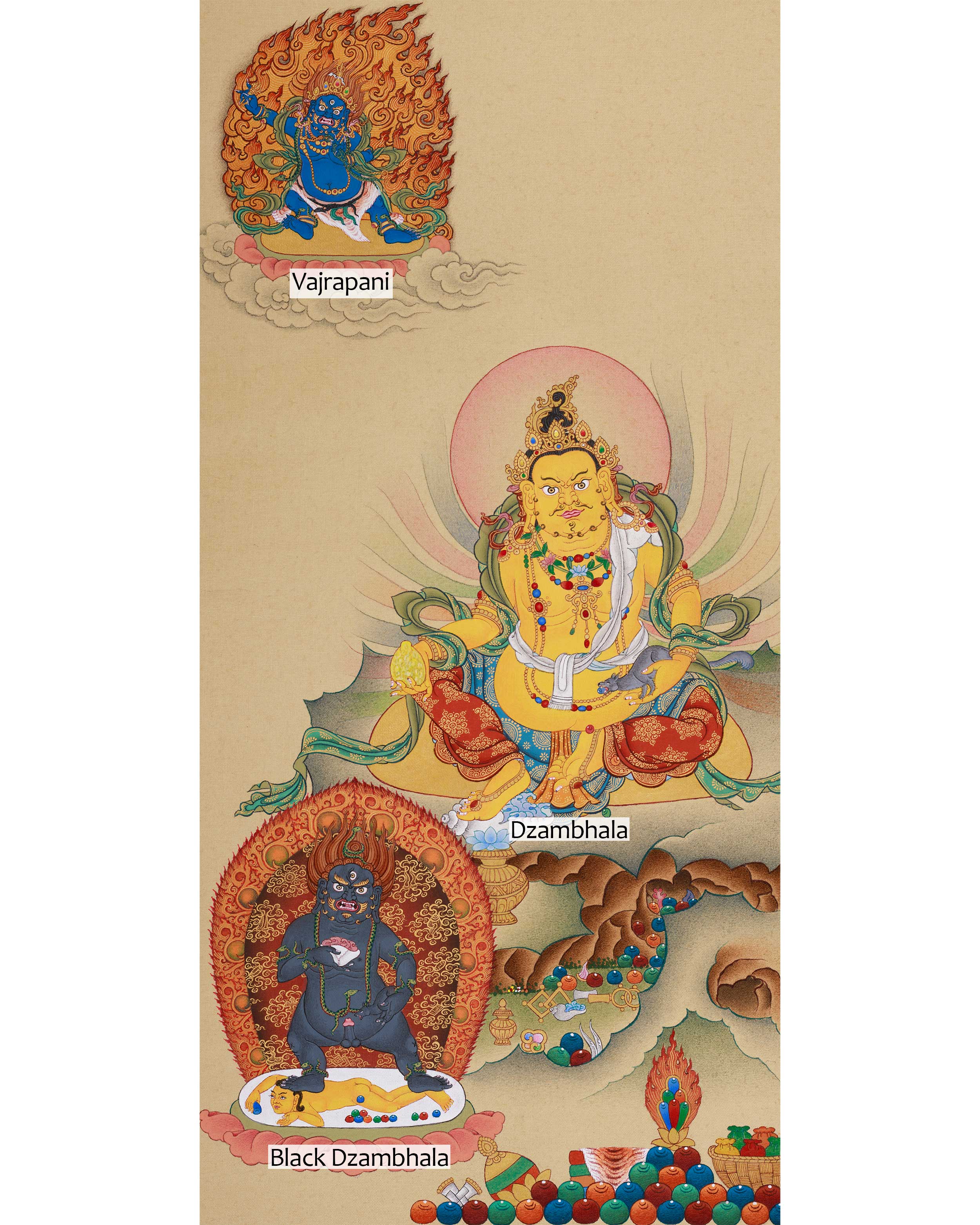 Dzambhala with Vajrapani and Black Dzambhala | Deities of Fortune and Protection