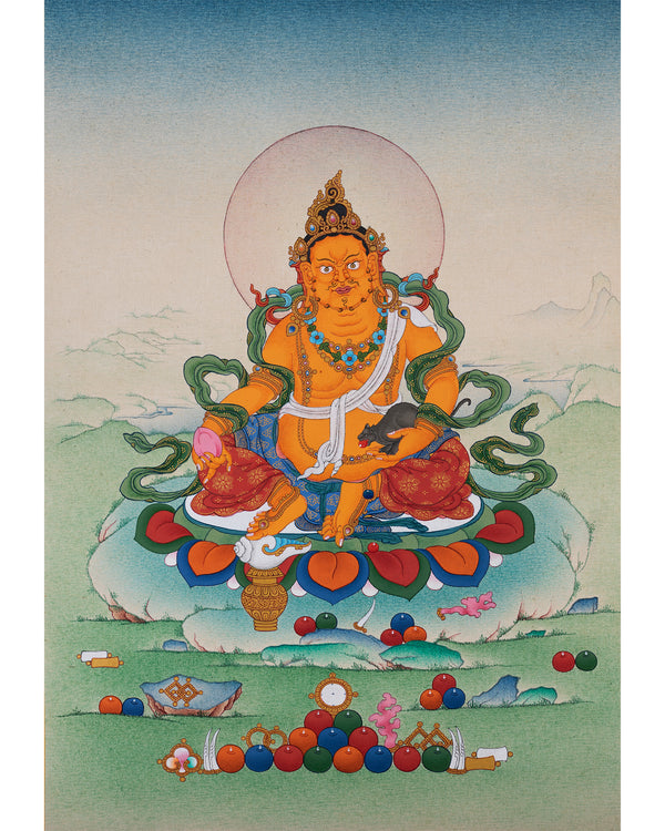 Jambala Thangka | Dzambala Wealth Deity | Hand-Painted with Natural Stone Color And 24K Gold