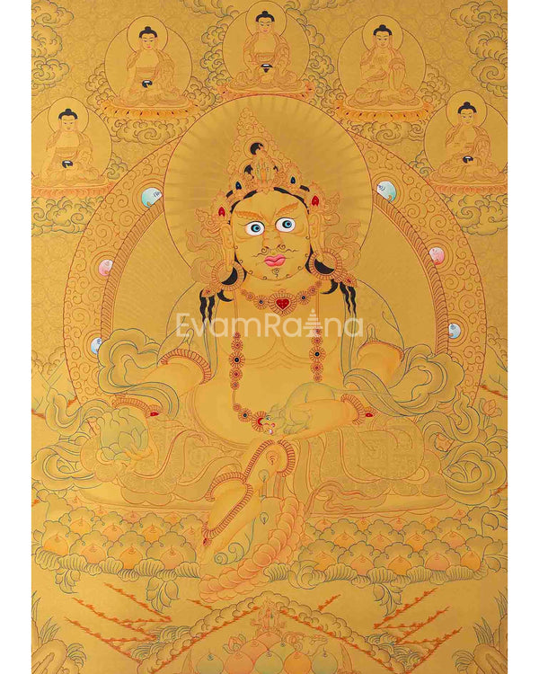 Dzambhala Flanked with 5 Buddhas on Top of His Head | Kubera Thangka Painting |