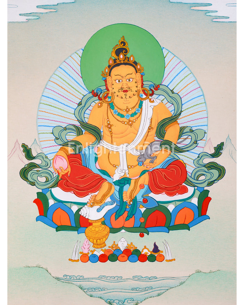 Traditional Yellow Dzambhala Thangka | Wealth Deity Artwork