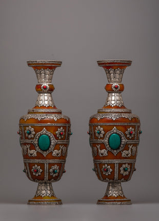 Tibetan Pair Silver Flower Vase