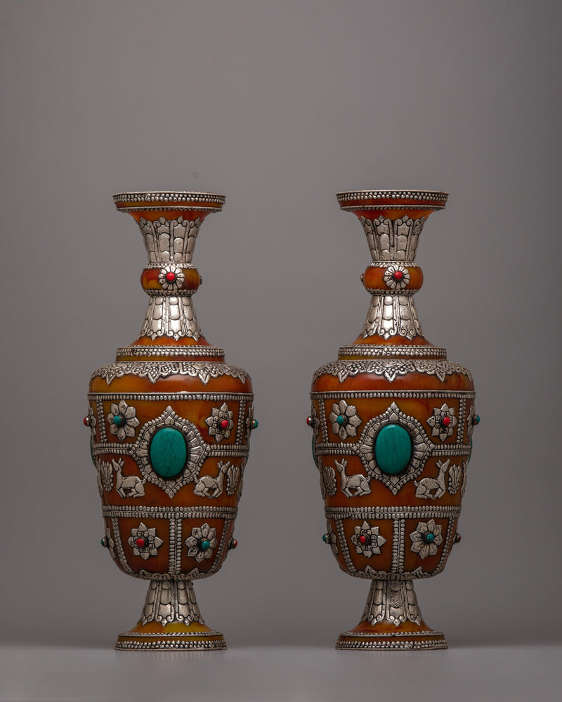 Tibetan Pair Silver Flower Vase