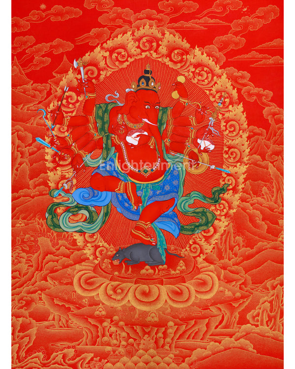 Majestic Red and Gold Ganapati Thangka