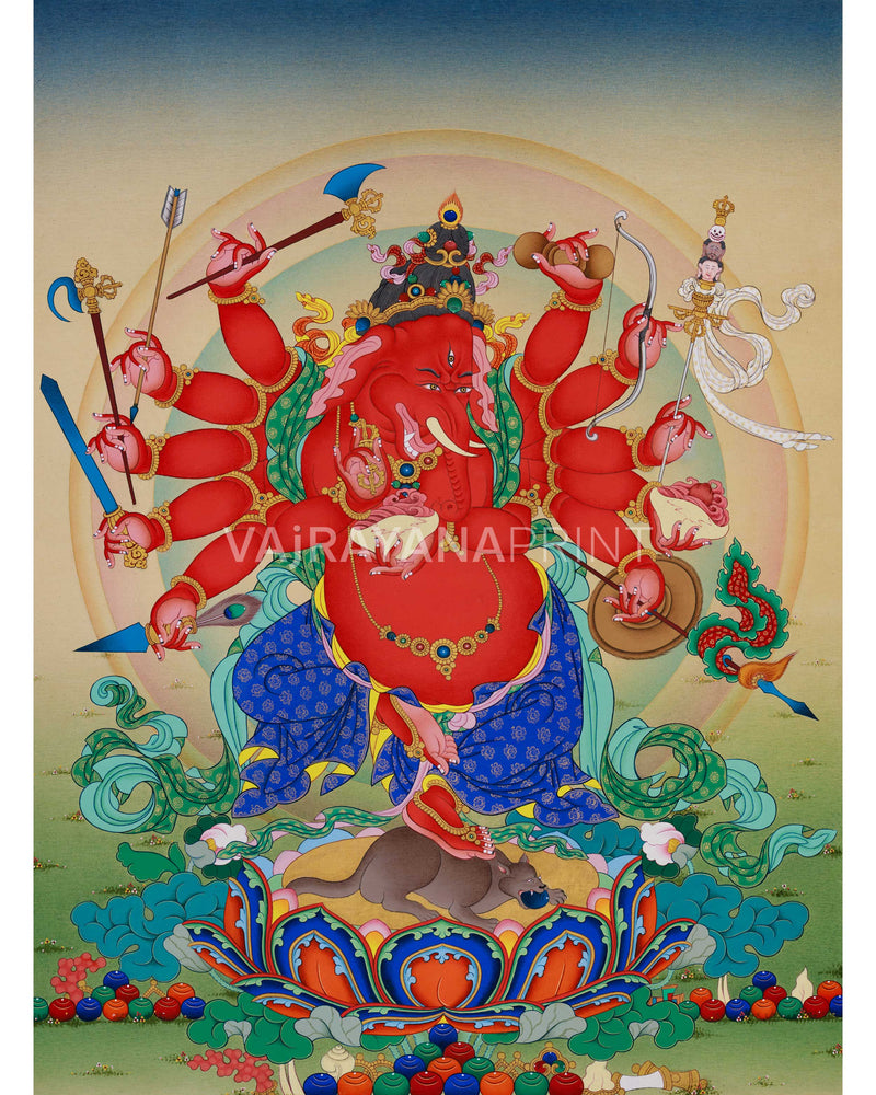 12-Armed Ganesh Thangka Print | Ganapati Artwork | Traditional Tibetan Art