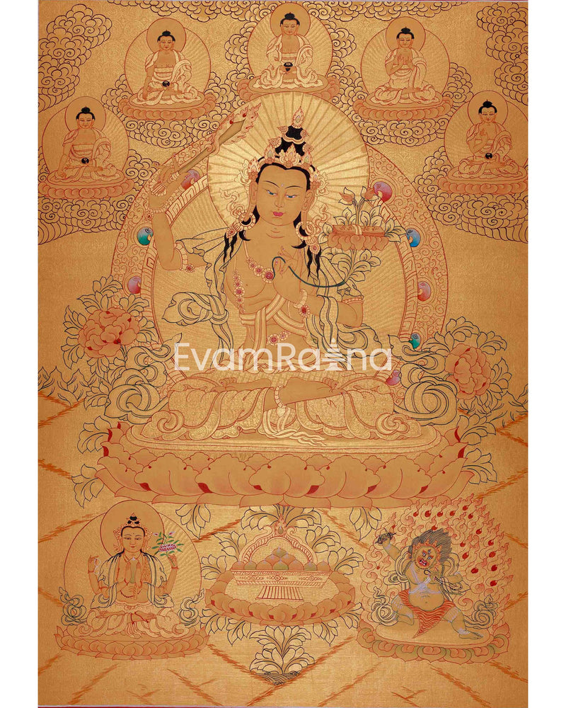 Gold Style Manjushri Thangka with Buddhas & Bodhisattvas | Original Tibetan Thangka