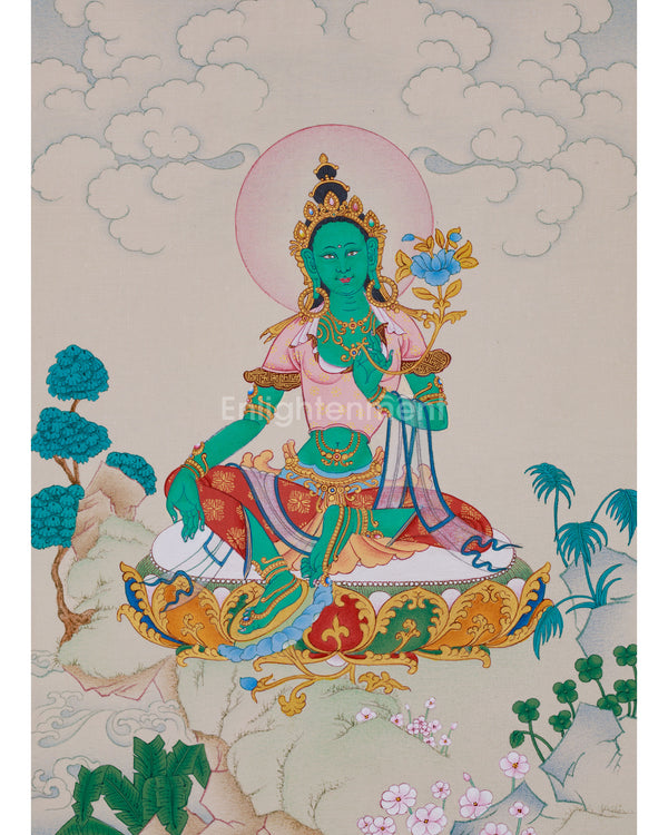 Radiant Arya Tara Thangka Embellished with Natural Stones