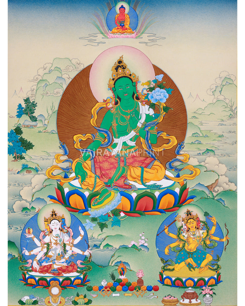 Radiant Green Tara Thangka Print, with Ushnisha (Namgyalma) and Pannasavari