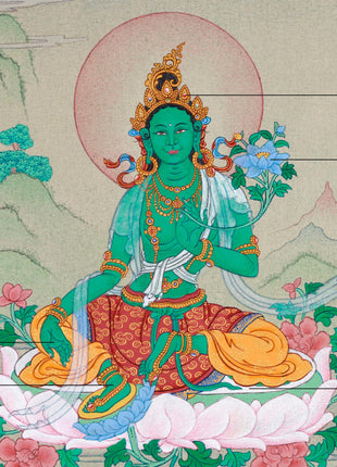 Divine Feminine Thangka - Hand-Painted Green Tara Tibetan Painting