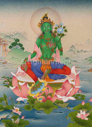 Mother Green Tara, A Thangka Painting in Natural Stone Colors