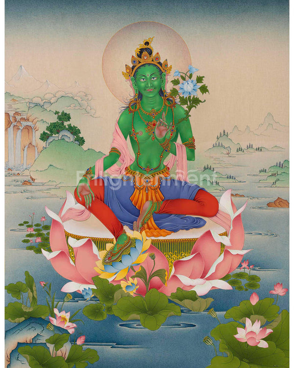 Mother Green Tara, A Thangka Painting in Natural Stone Colors