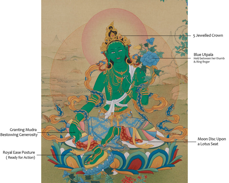 Spiritual Artwork of Goddess Green Tara | Artistic Elegance in Lhasa Stone Hues