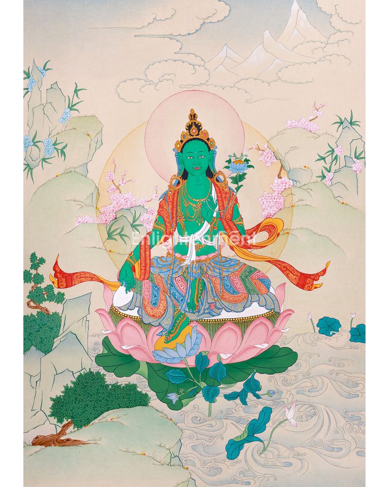 Divine Feminine Mother Tara Thangka | Sacred Tibetan Green Tara Artwork