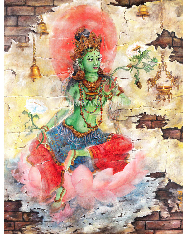 Exquisite Green Tara Thangka Print