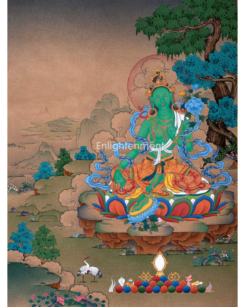 Tibetan Thangka Painting Of Green Tara